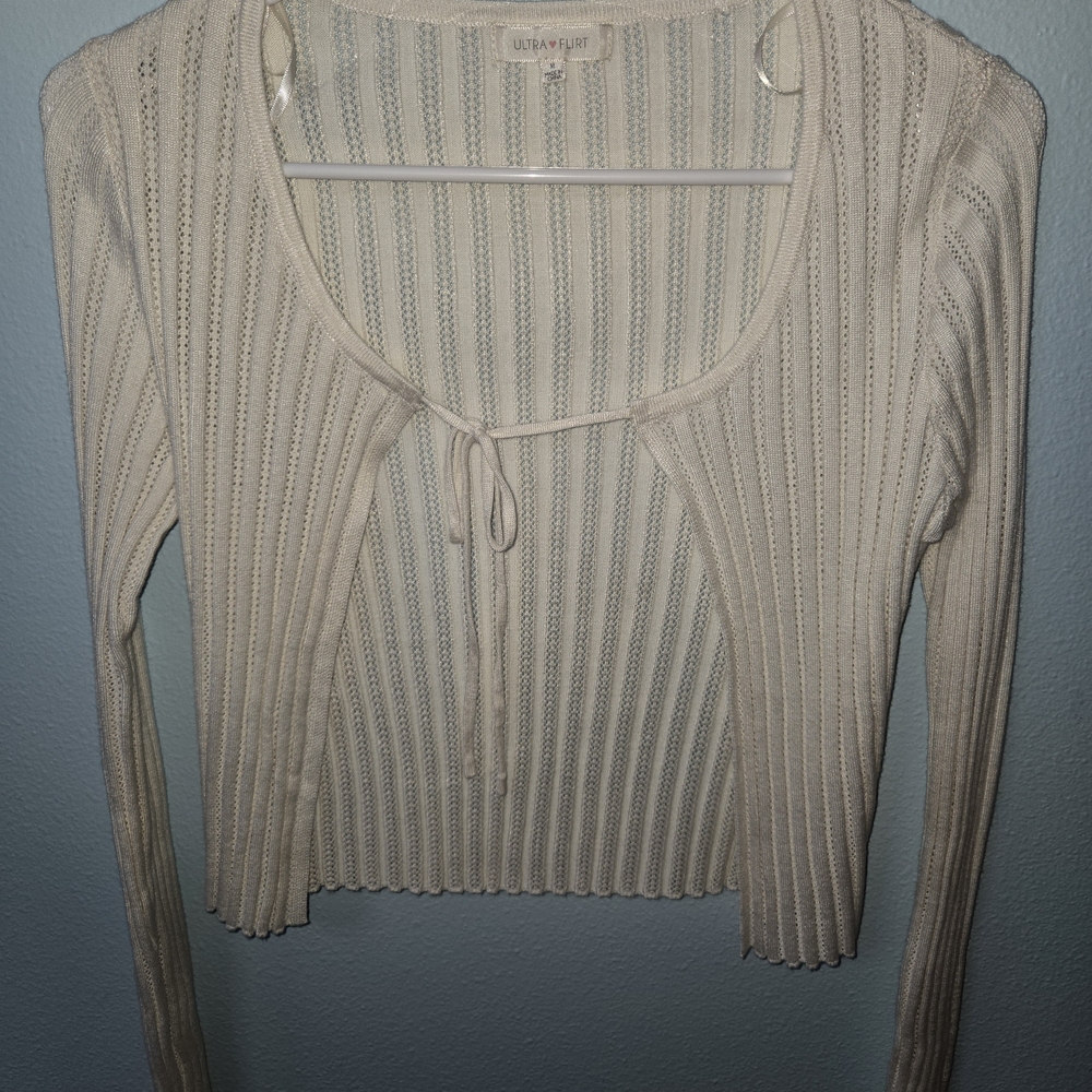 Ultra Flirt Cream Ribbed Tie-Front Crop Top